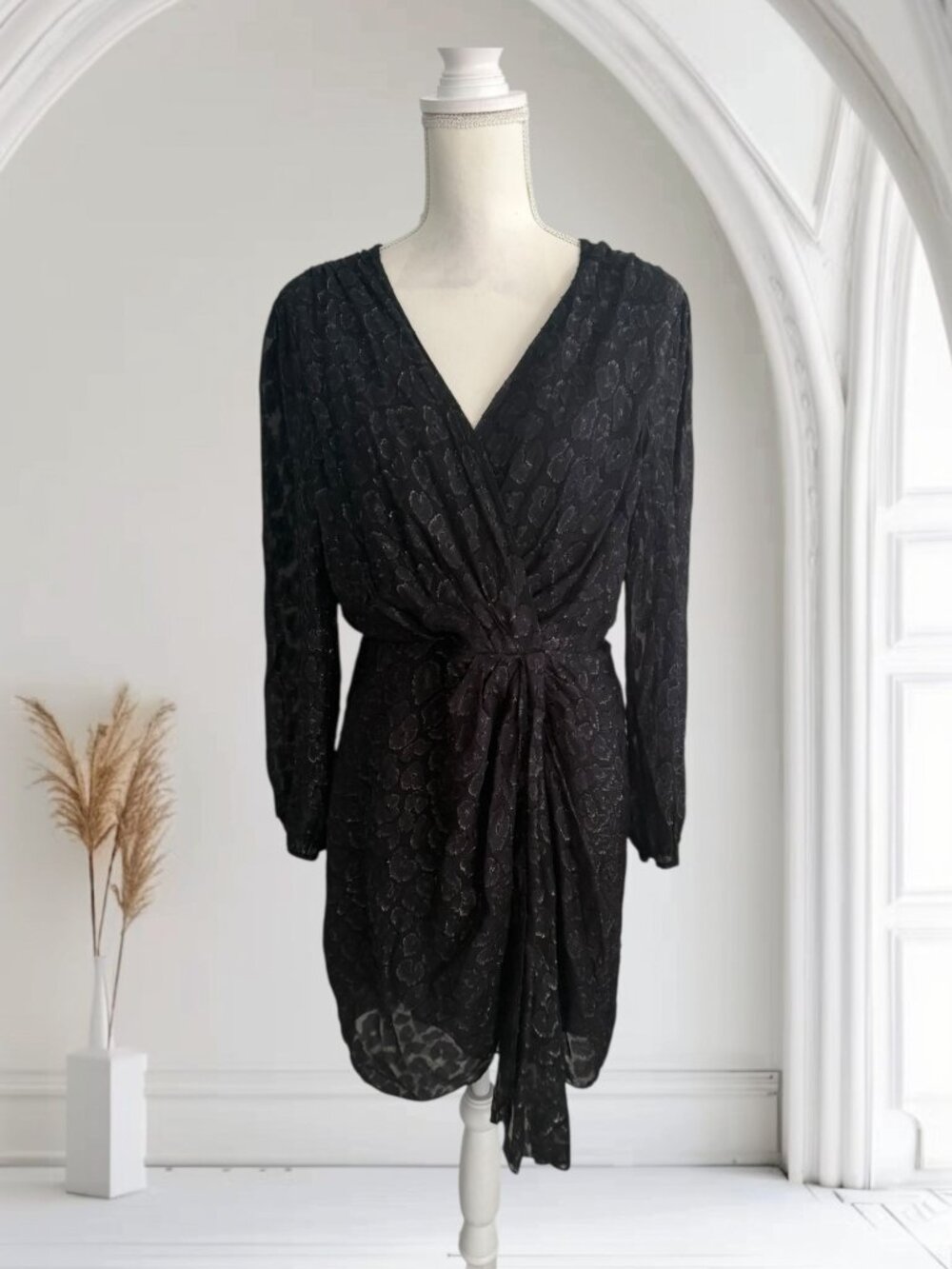 LE LIS BLANC Black Long Sleeve Ruched Cocktail Dress Size 42 / US 8
